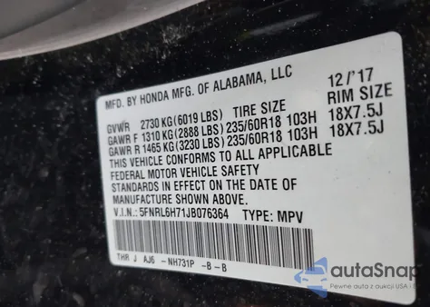 2018 Honda Odyssey Ex-L z USA, uszkodzony, nr VIN 5FNRL6H71JB076364